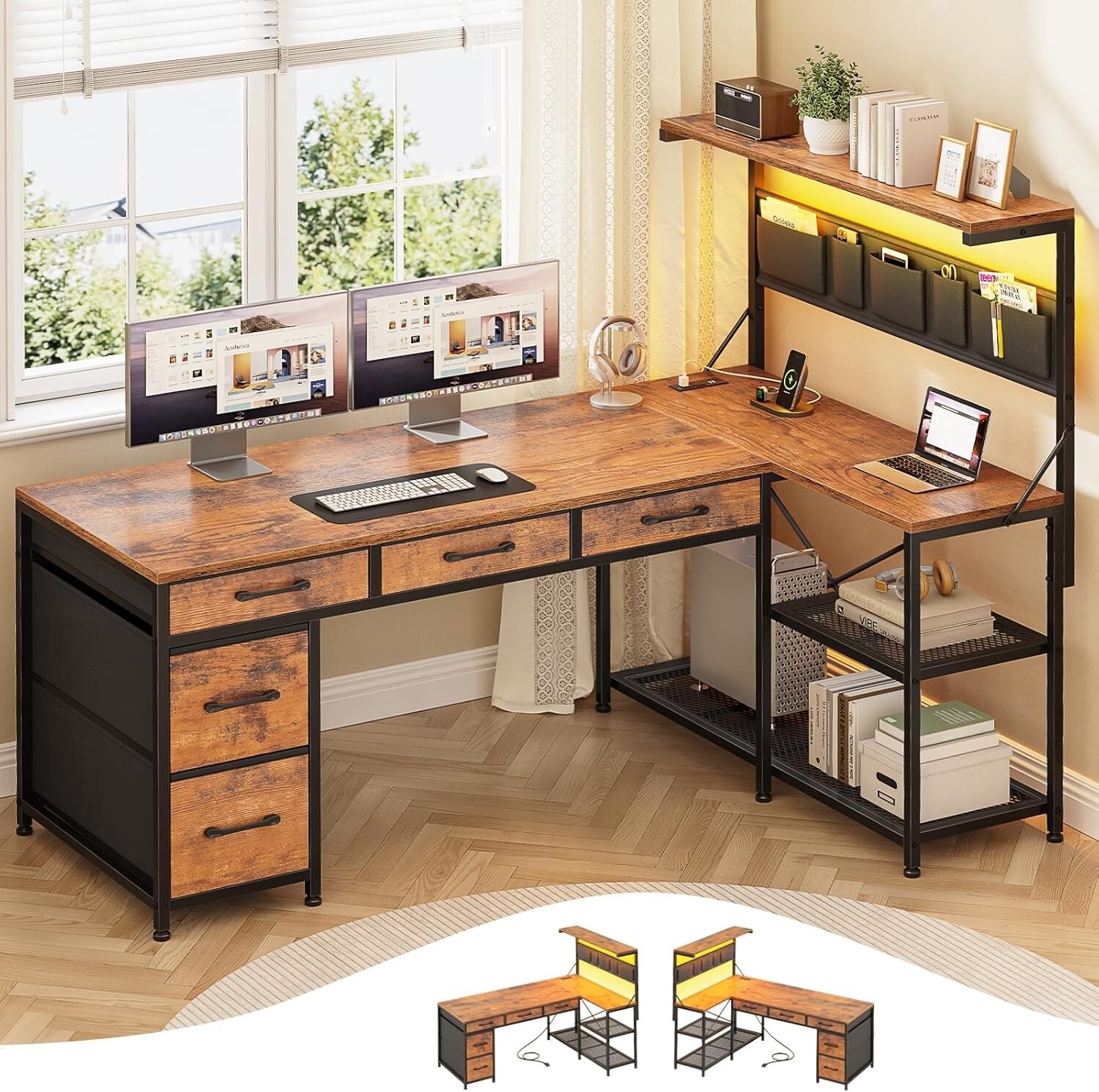 Corner Computer Desk, Reversible L Shaped office Desk with 5 Drawers &LED Lights gallery