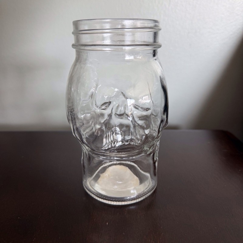 Skull shaped clear glass drinking mason jar no lid Halloween theme gallery