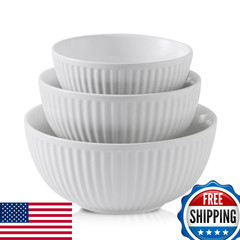 HASENSE Ceramic Ribbed Nesting White Bowls 1.5/1/0.5 Qt For Kitchen, Cooking, Ba