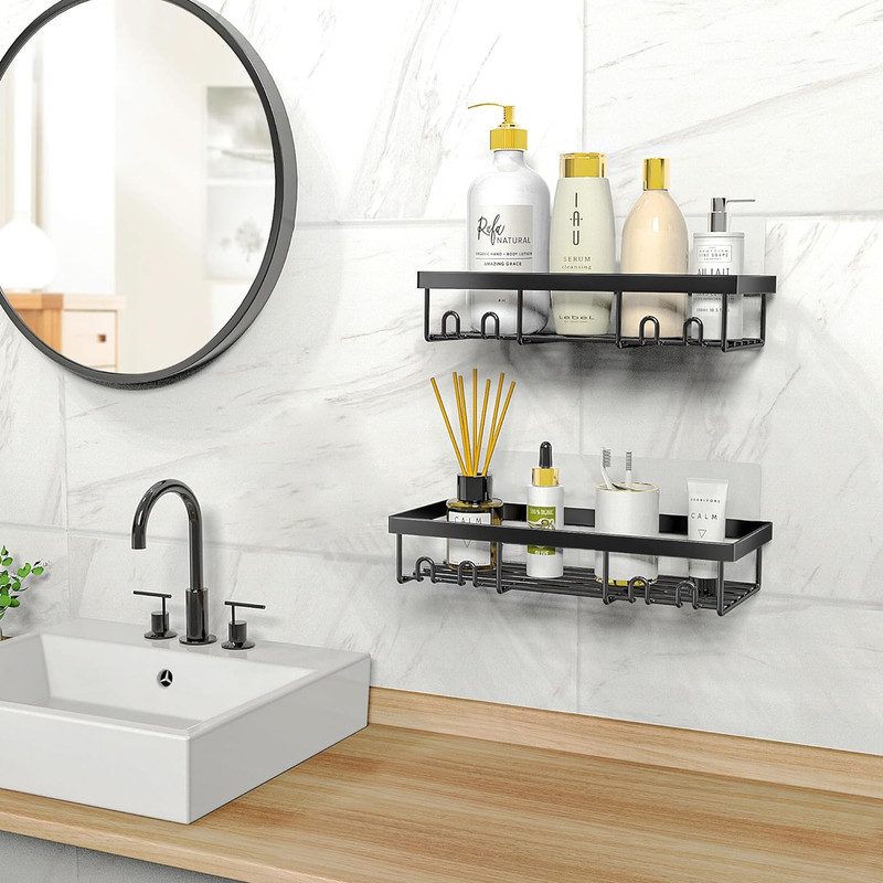 Wall Mounted Shower Caddy Shelf Organizer Black Adhesive Bathroom Storage Rack gallery