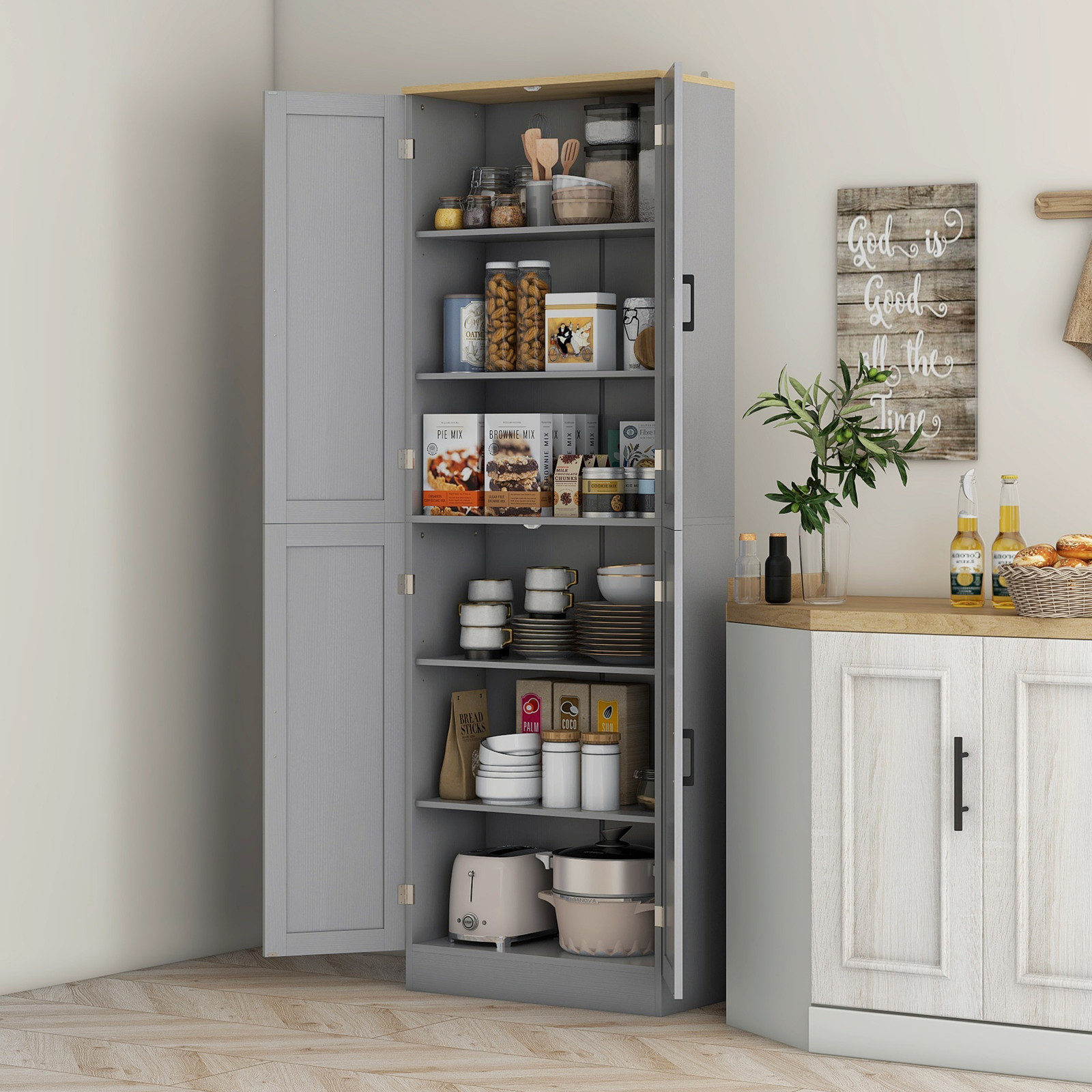 HOMCOM 67" Kitchen Pantry Storage Cabinet w/ Shelves, Distressed Gray gallery