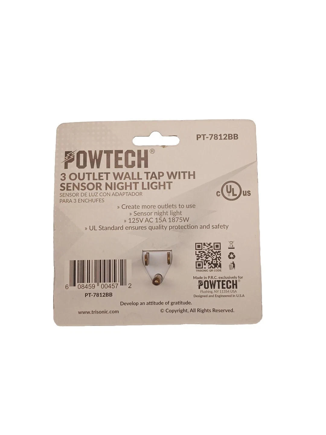 3 Outlet Wall Tap with Sensor Night Light – Expands 1 Grounded Outlet into 3 gallery