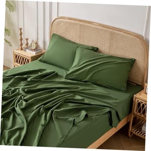 100% Washed Cotton Linen Feel Sheet Set Size, 4 Pieces Deep Pocket Queen Green gallery