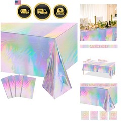 4 Pack Iridescent Plastic Tablecloths, Shiny Disposable Laser Rectangle Table…