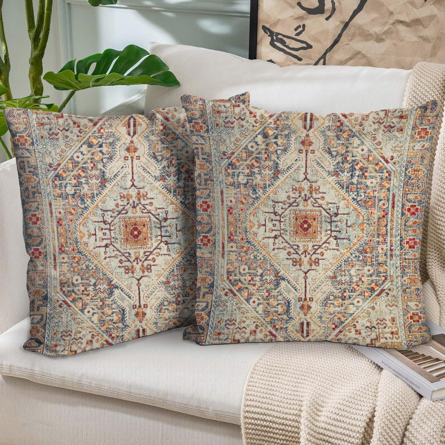 Boho Throw Pillow Covers 18x18 inch Set of 2,Bohemian Vintage Carpet Pattern Ant gallery