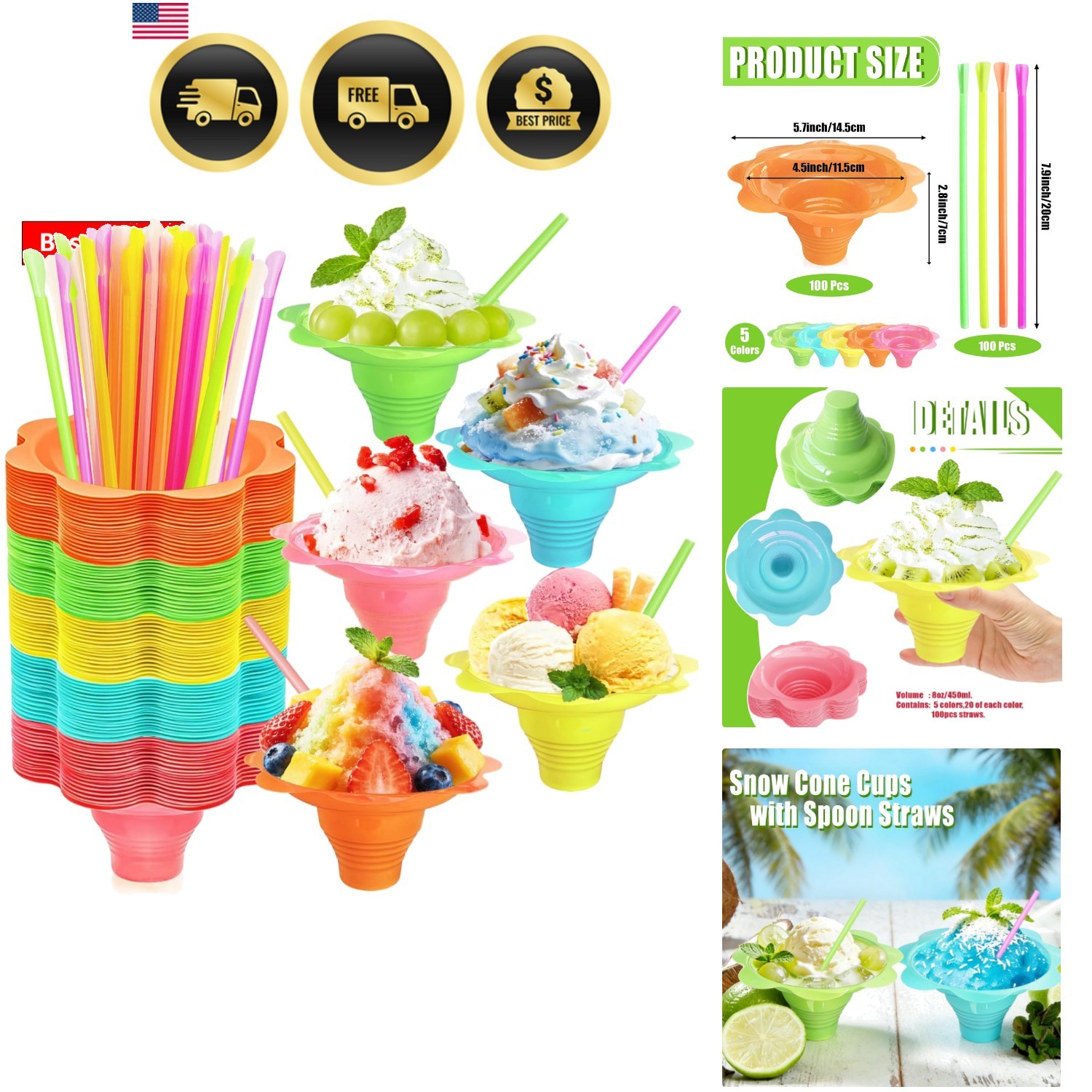 Colorful Flower Plastic Shaved Ice Cups, 200 Pcs 8 oz Snow Cone Cups with Spo... gallery