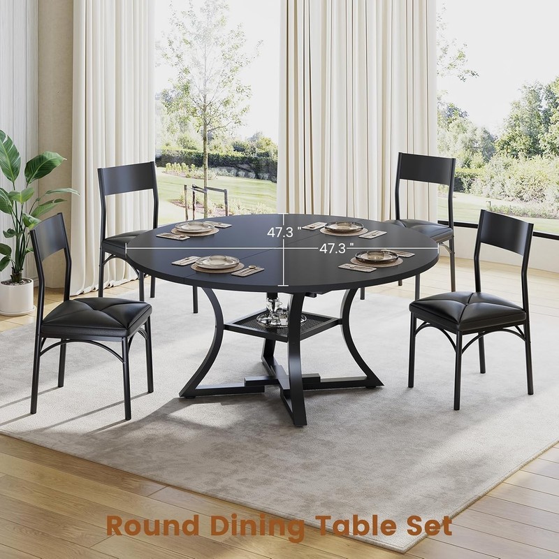 Round Extendable Dining Table Set, Kitchen Table Set with 4 Cushion Chairs gallery