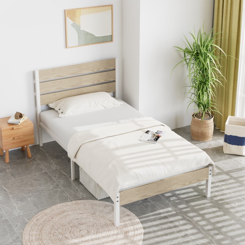 Vecelo Twin Full Queen Size Bed Frame with Wooden Headboard Metal Platform White gallery