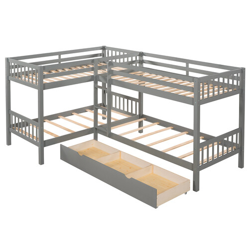 L-Shaped Triple Bunk Bed w/ Drawer Twin Over Twin Bunk Bed Solid Wood Bed Frames gallery