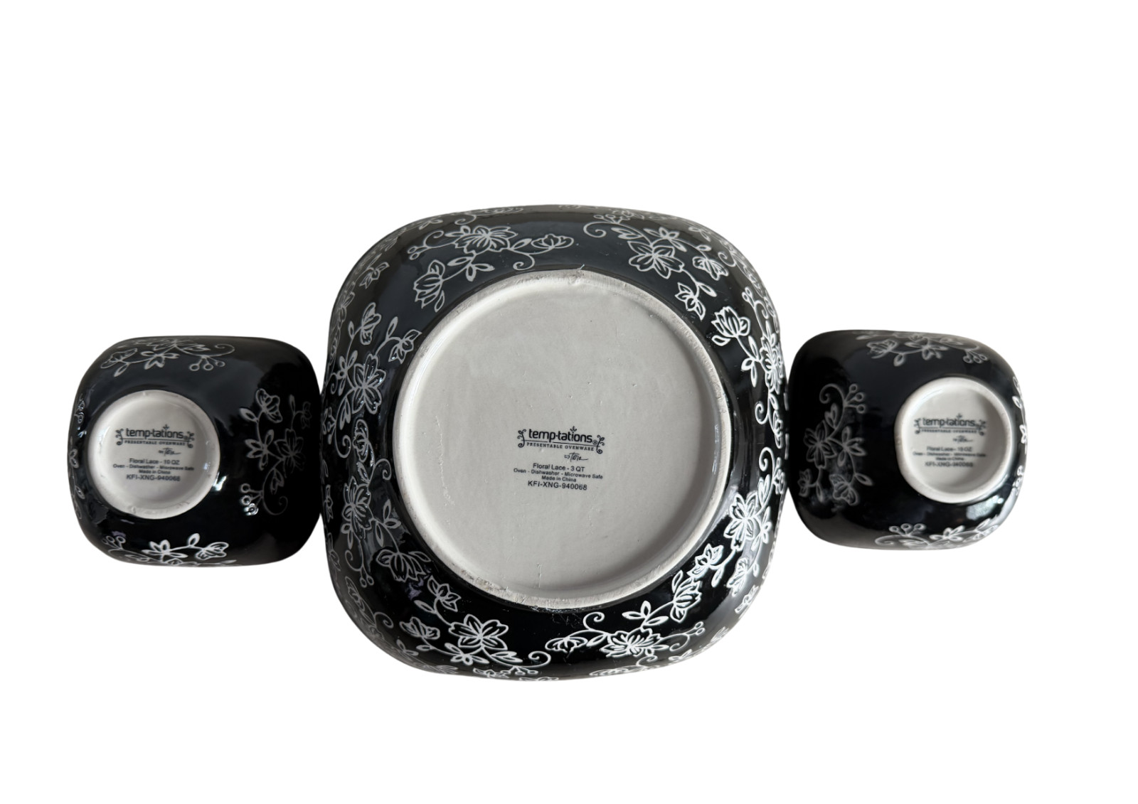 Temptations by Tara Chip Dip 3 Bowl Set Floral Lace Black Square Shape w/Lids gallery