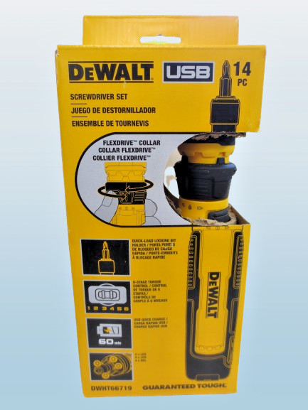 DEWALT USB RECHARGEABLE DWHT66719 FLEXDRIVE CORDLESS SCREWDRIVER 14PC SET. gallery