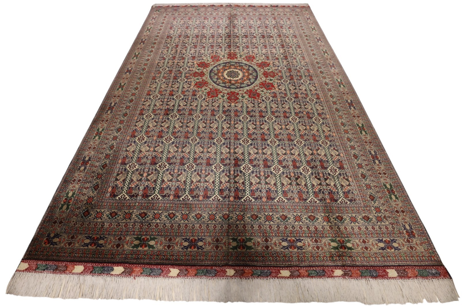 Hand-Knotted Ala Bakhmal Green,Red & Gray Afghani Wool Rug 6'8" x 9'7" gallery