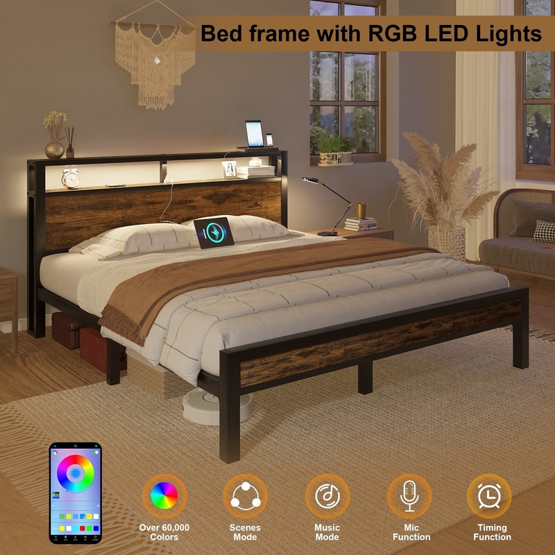 Full/Queen/King Size Metal Bed Frame Platform with 2-Tier Storage and LED lights gallery