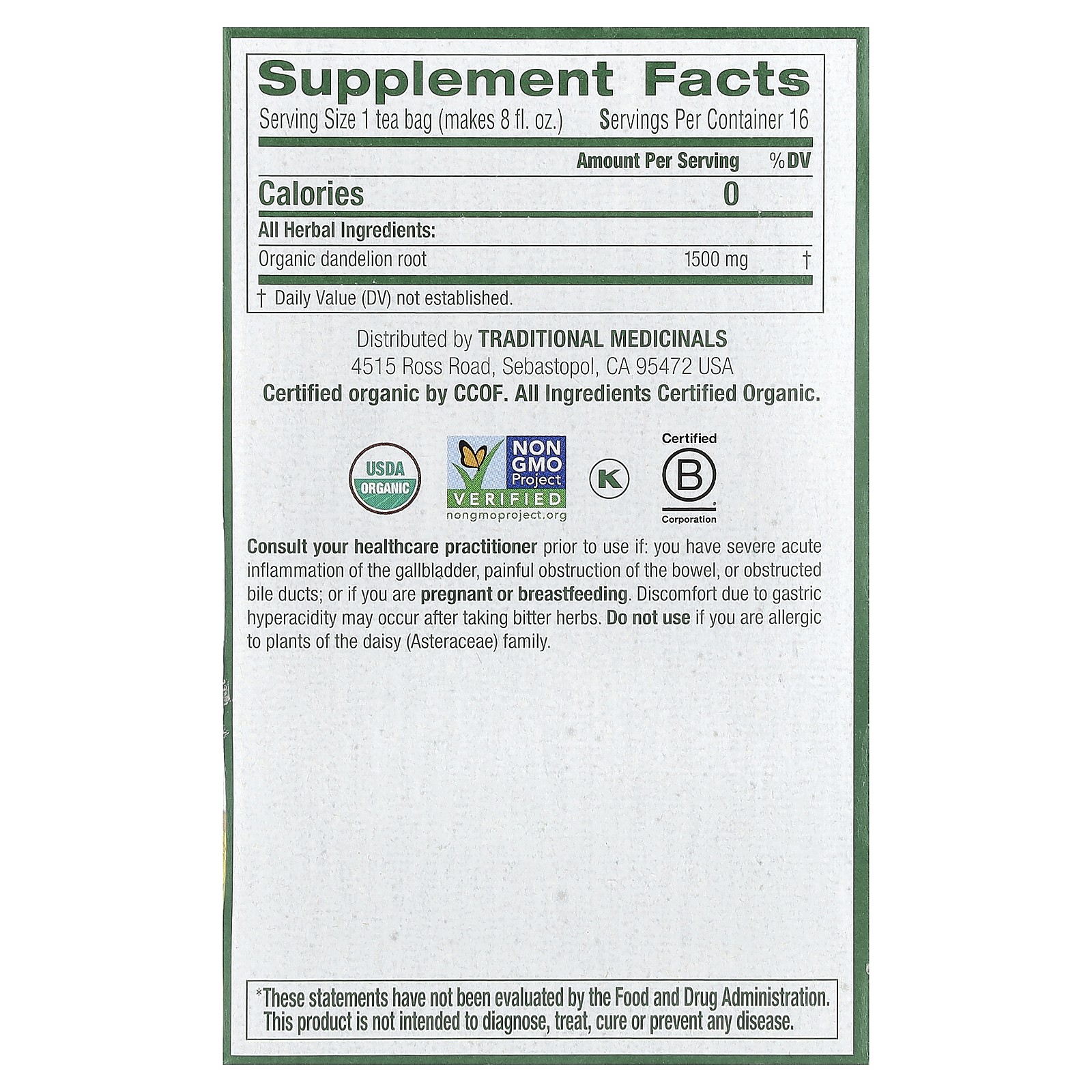 Organic Roasted Dandelion Root, Caffeine Free, 16 Wrapped Tea Bags, 0.85 oz (24 gallery