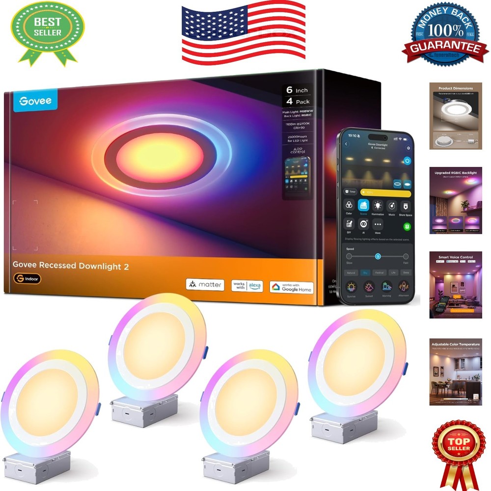 Transform Your Home with Smart RGBIC LED Recessed Lights - 4-Pack for All Rooms