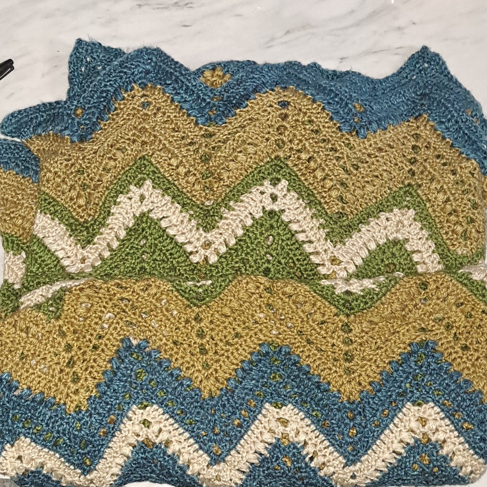 Handmade Chevron Crochet Knit Blanket Throw, Rectangular, Blue Green Beige White gallery