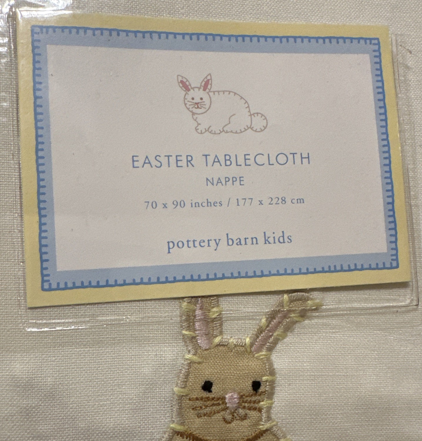 Pottery Barn Kids Easter Tablecloth Bunny Embroidered Green Cotton 70 x 90 NIP gallery