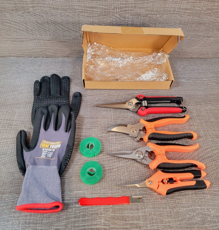 8 Pcs Garden Set. 4 Trimming Scissors, Sharpener, Gloves (S), 2 Plant Tie Rolls gallery