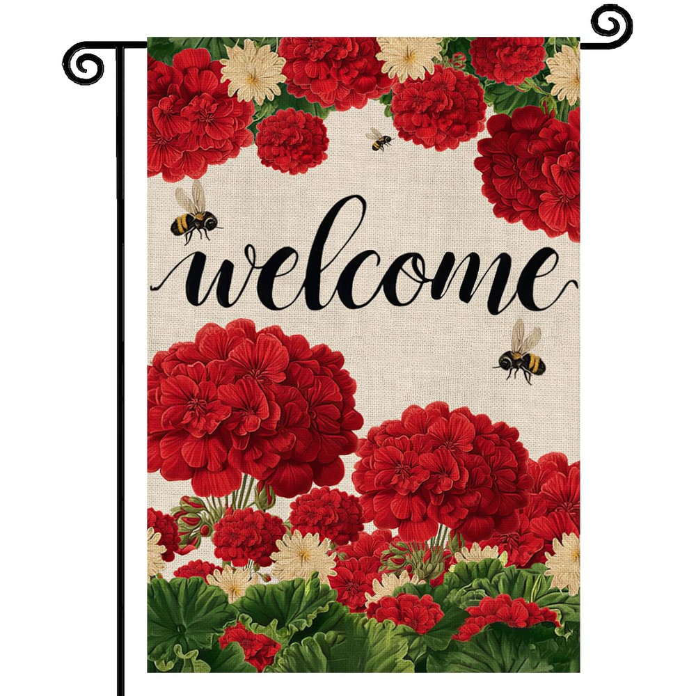 Spring Summer Geranium Welcome Garden Flag 12x18 Inch Red Outdoor Yard Decor
