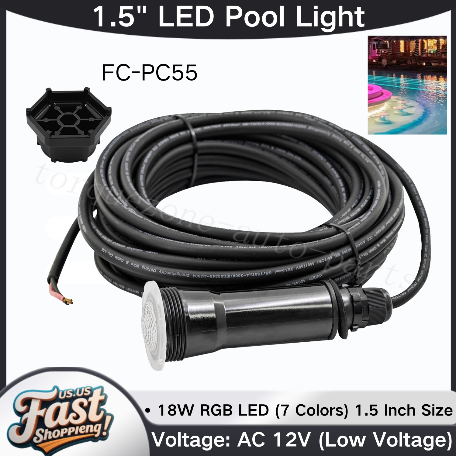 Pool Light 18W 12V 50 ft LED RGB 1.5" for Pentair GloBrite Pentair IntelliTouch gallery