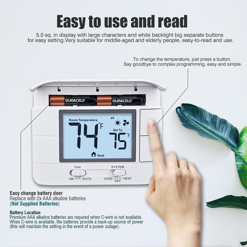 Non-Programmable Thermostats for House, up to 2 Heat/ 2 Cool, with Room Temperat gallery