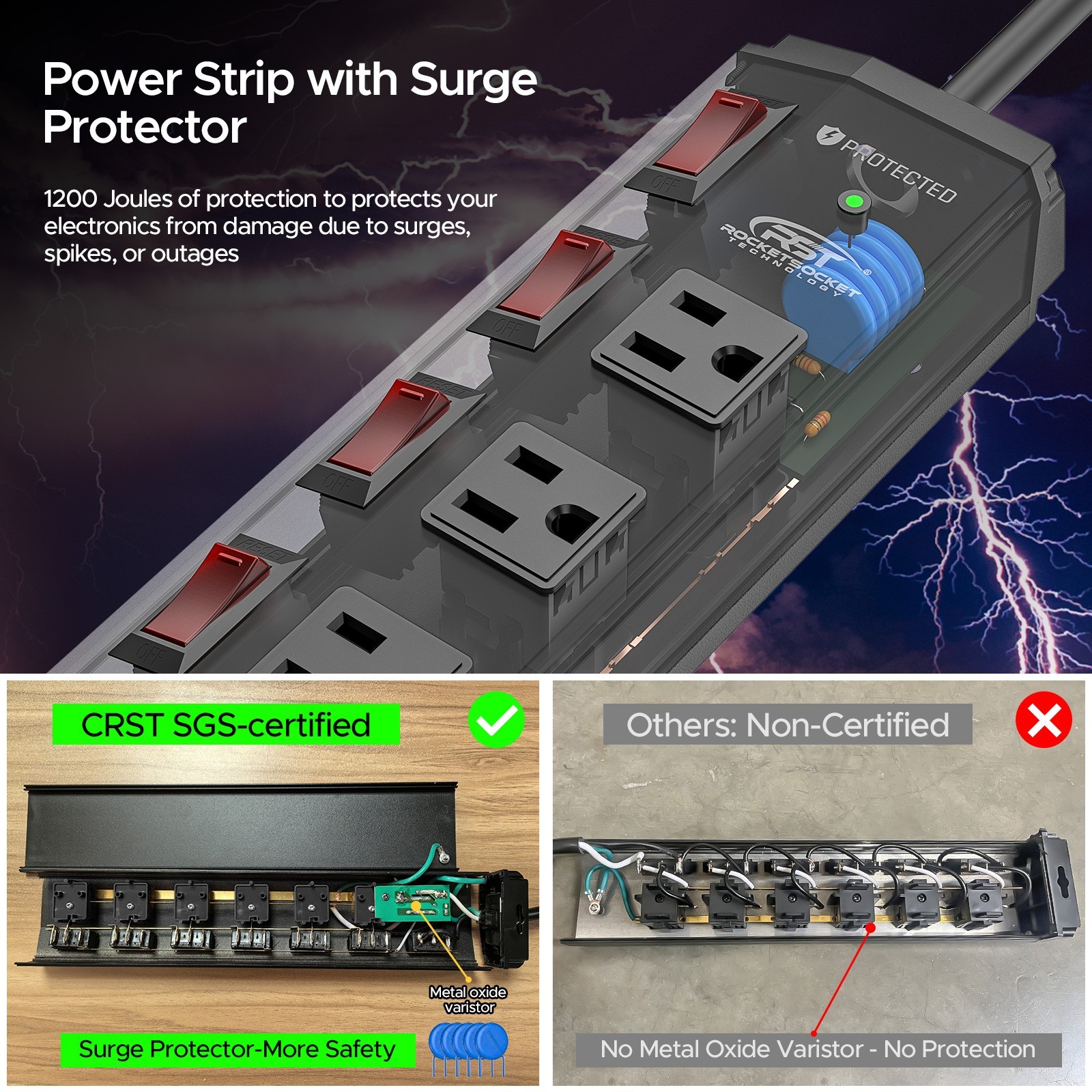 6-Outlets 1200J Power Strip Surge Protector, Flat Plug 6ft Extension Power Cord gallery