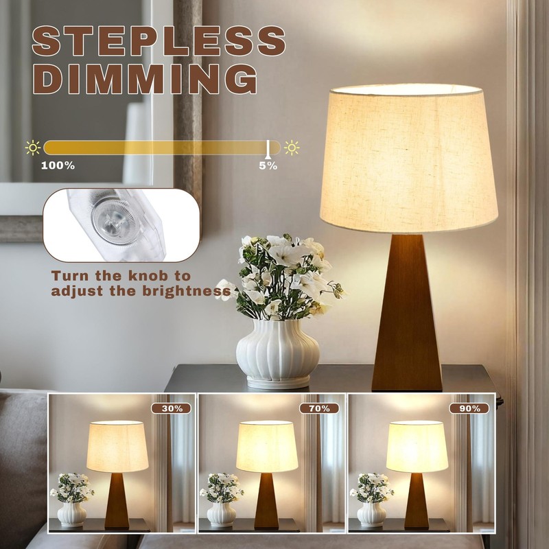 Bamboo Table Lamp with Linen Shade, Modern Boho Bedside Nightstand Lamp for B... gallery