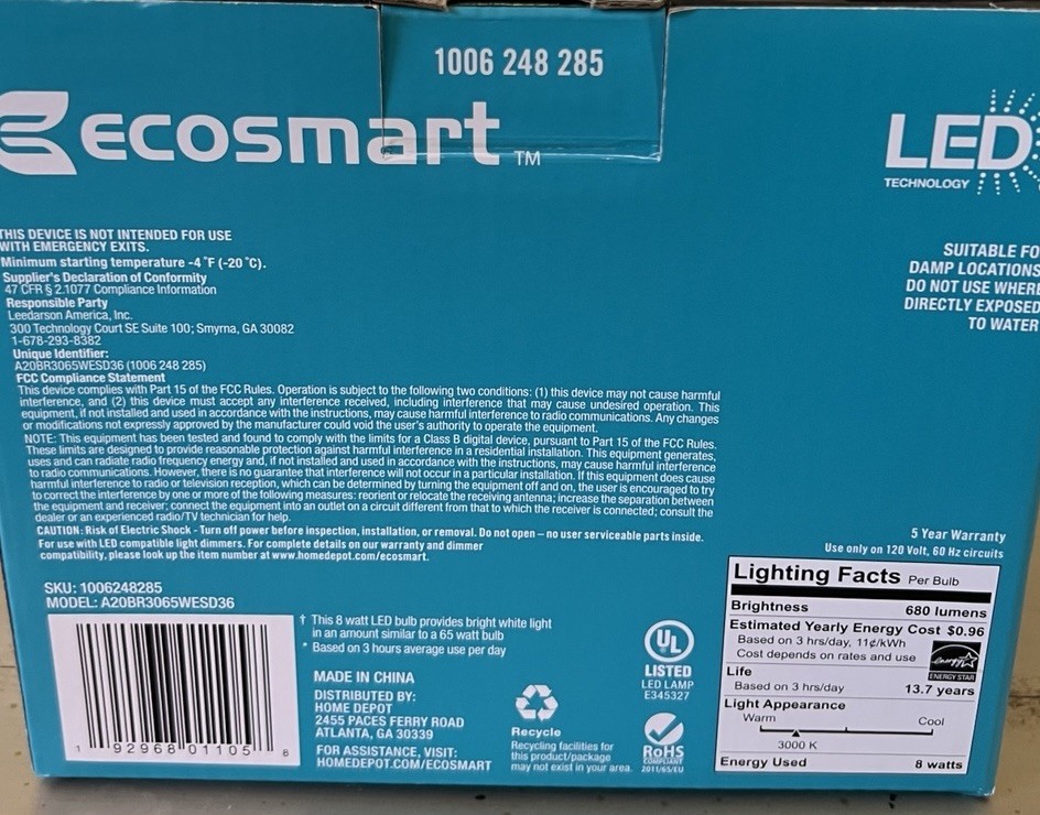 EcoSmart BR30 65W Equivalent Dimmable LED Light Bulbs Bright White (6-Pack) gallery