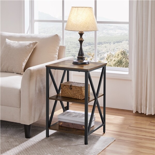 3 Tier Rustic End Table Industrial X Shape Small Wooden Side Table Living Room gallery
