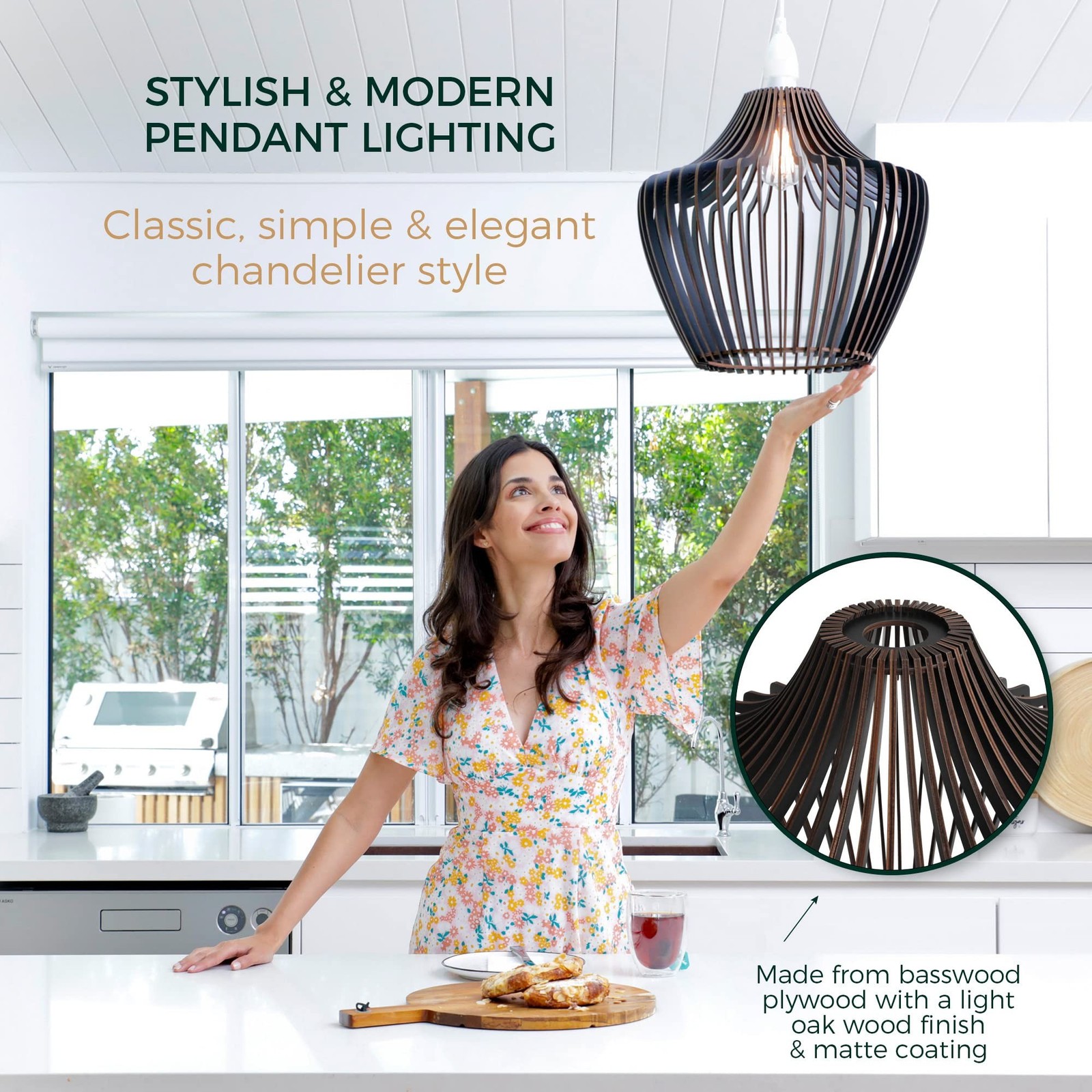 Wood Pendant Light - Easy-to-Assemble Ceiling Chandelier - Modern Boho Hangin... gallery