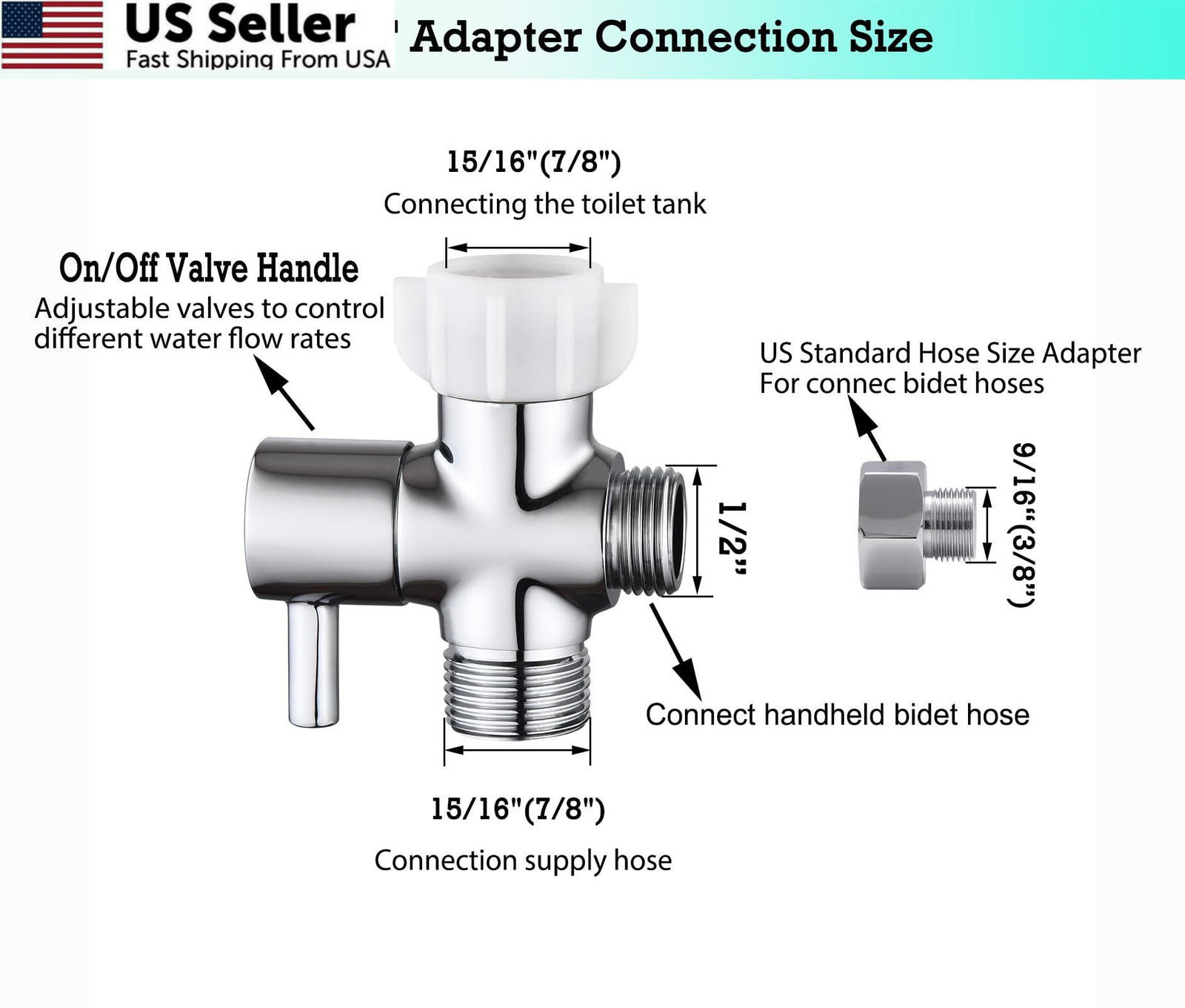 Walkinginrain Bidet T Adapter With Shut off Valve,3 7/8" or 15/16'', Chrome gallery