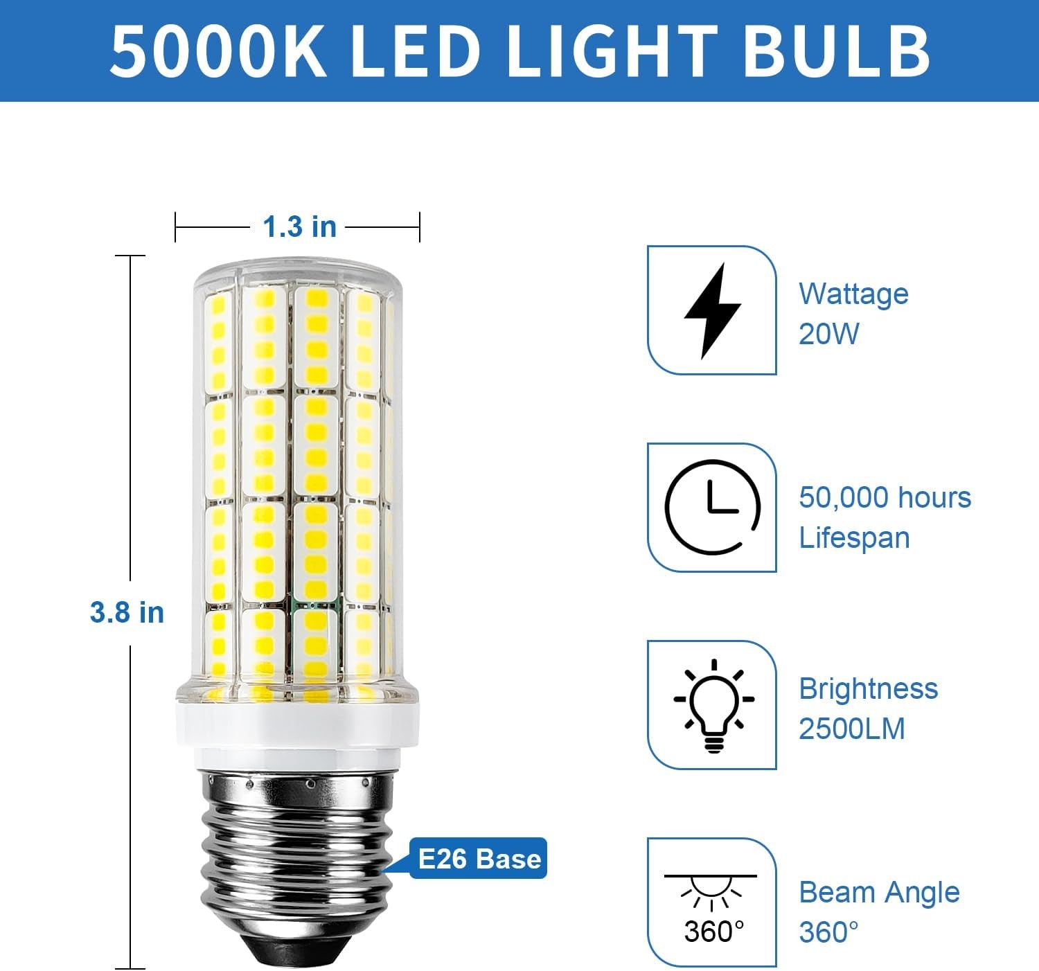 LED Corn Light Bulb 200W Equivalent 2500 Lumen 5000K Cool Daylight White 20W E2 gallery