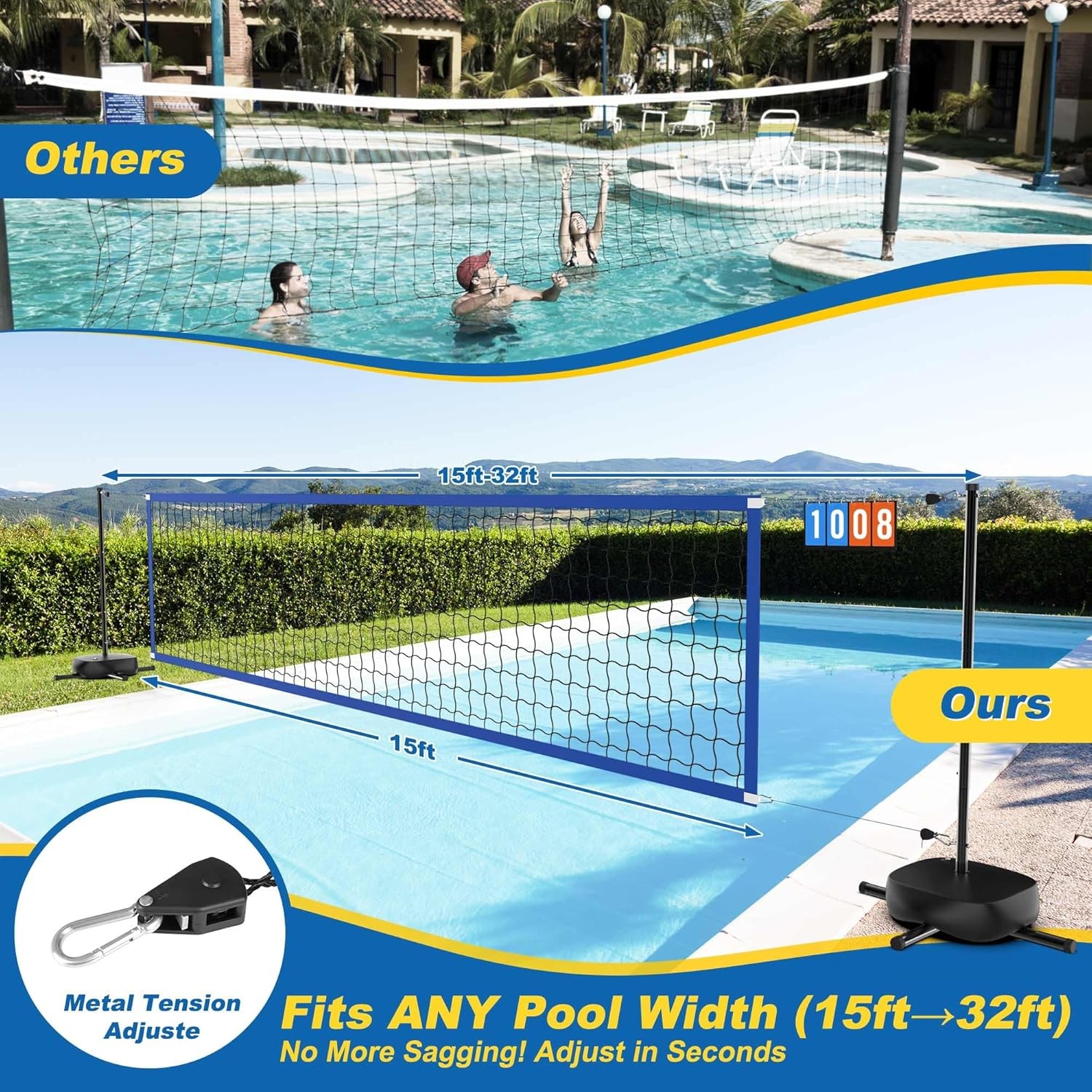 Pool Volleyball Net Set LED Lights Adjustable 15-32FT for Inground Pools gallery