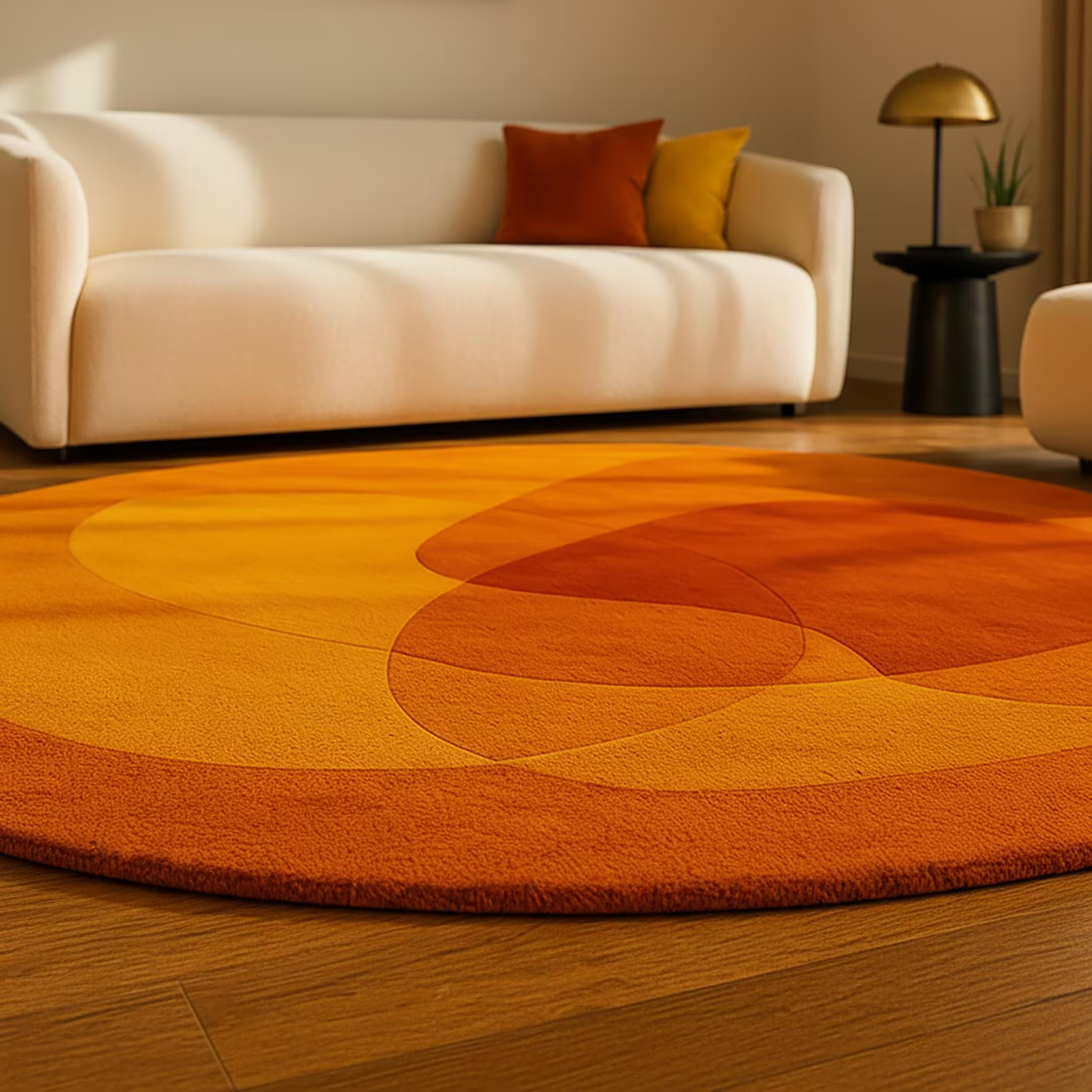 Round Modern Abstract Area Rug – Orange and Amber Overlapping Circle Design gallery
