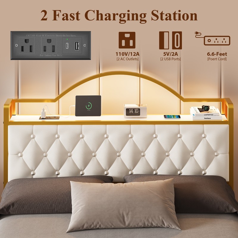 Full Upholstereded Bed Frame with 2 Storage Drawers, LED Lights,With Charging gallery