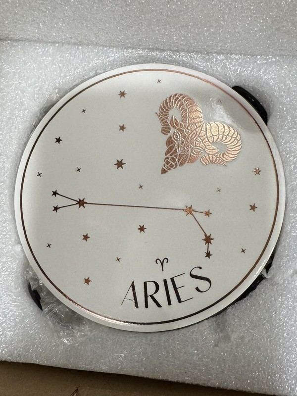 NIB Greenline Goods 4 Horoscope Ceramic Coasters Aries 4” Round w/Metal Holder gallery