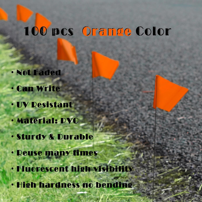 100Pack Fluorescent Orange Marking Flags, Writable | 15X4X5 Inch, Yard Flags for gallery