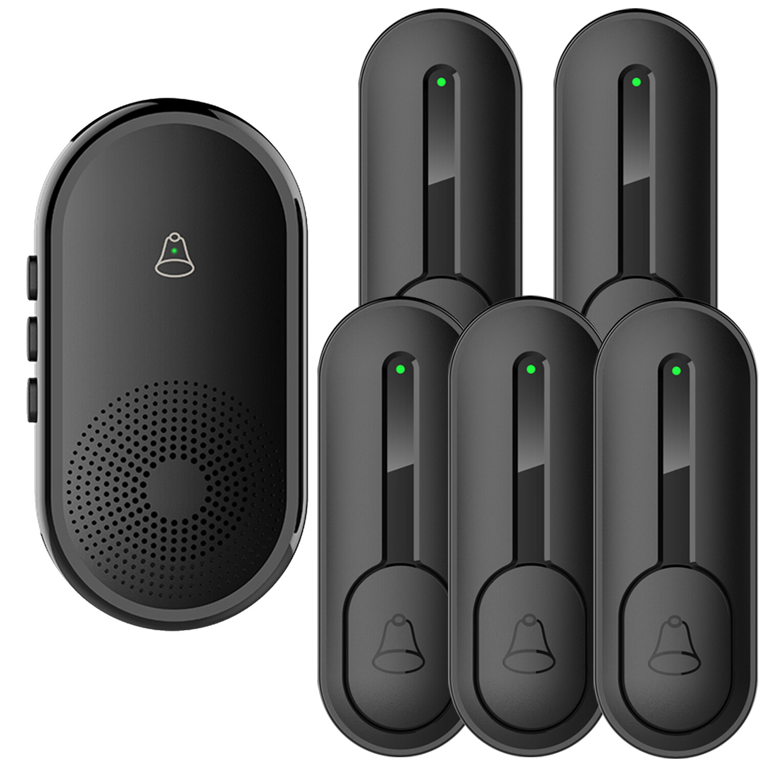 Caregiver pagers,5 SOS Call Buttons,Wireless Doorbell,55 chimes,0-110 dB,Black gallery