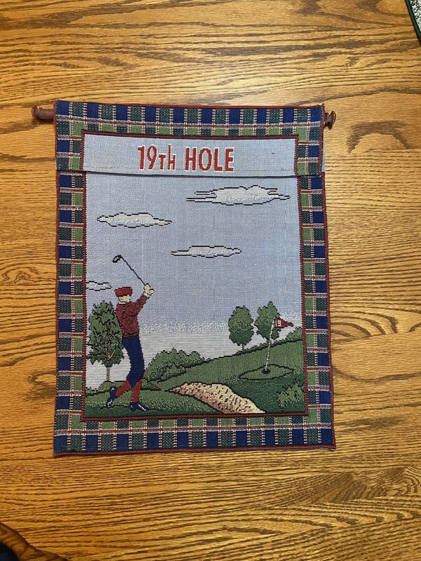 Three Golf Theme Tapestry Wall Hangings Two 2001 16”x12.75” And One 41.5” X 6” gallery