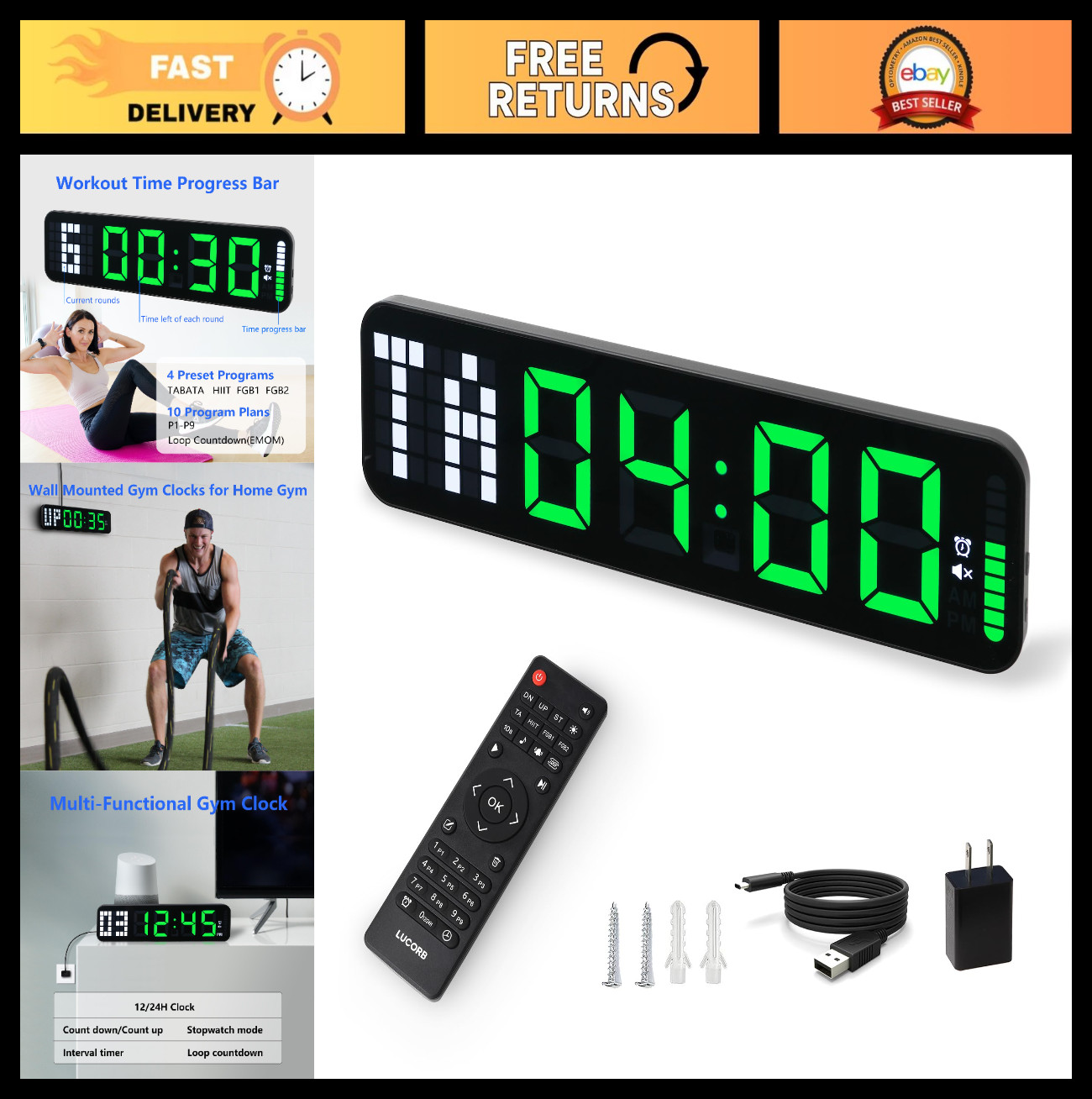 Large 15" Gym Timer Wall Clock - Interval Countdown with Remote for Fitness & Bo gallery
