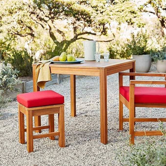 Outdoor Patio Stools with Cushions, Acacia Wood, Set of 2, Natural Finish gallery