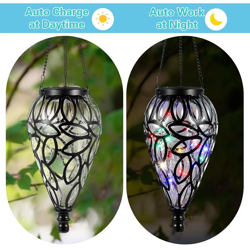 Solar Powered Hanging Lantern Lights Outdoor Chandelier Moroccan Style 2 Set gallery