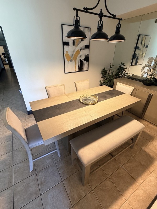 7-Piece Dining Set Table, 4 Chairs, Storage Bench, Sideboard Beige/Gray gallery