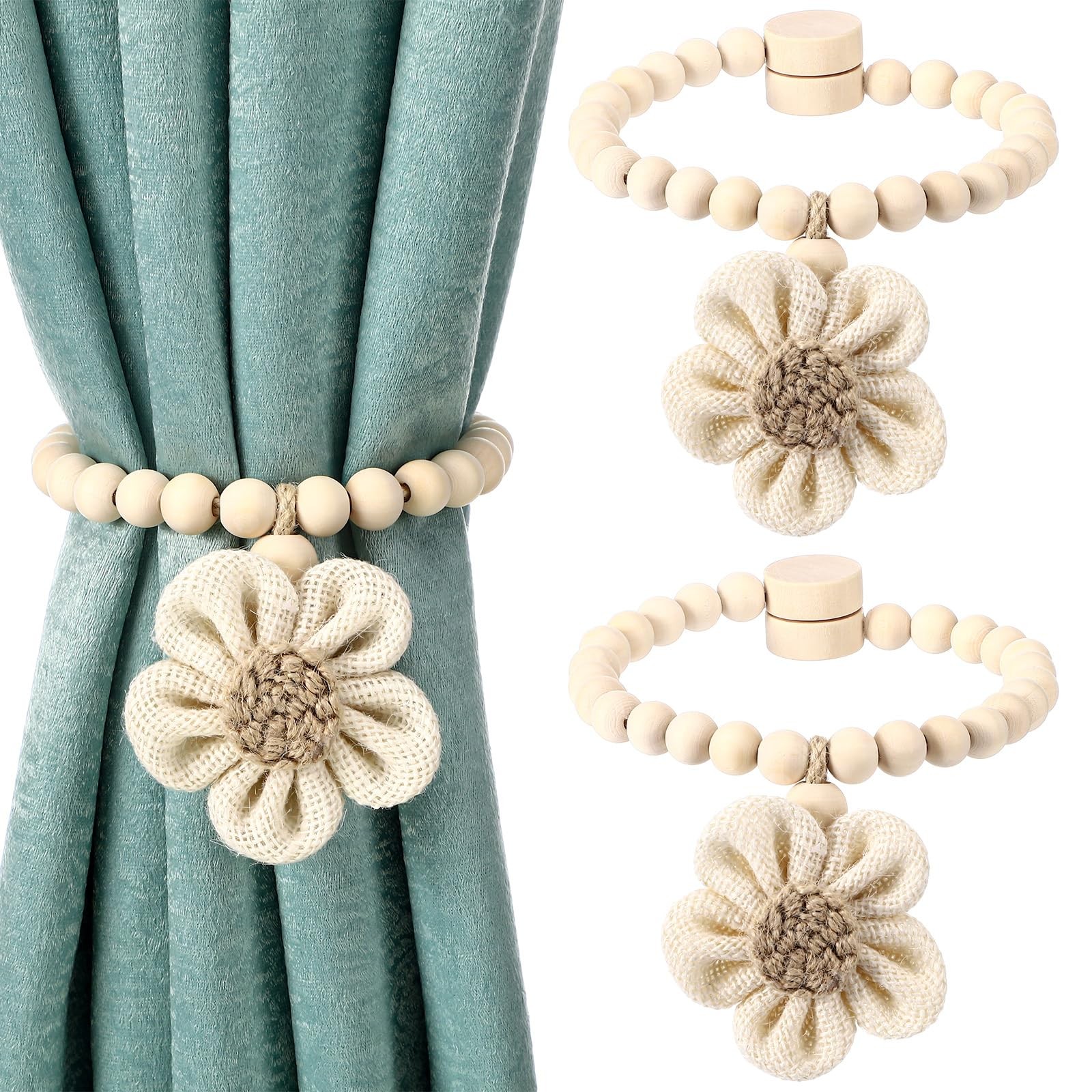 Fiwochic 2 Pcs Beaded Sunflower Magnetic Curtain Tiebacks Boho Wooden Curtain Ti gallery