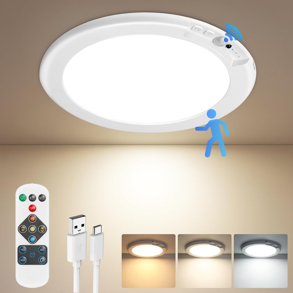 Rechargeable Motion Sensor Ceiling Light with Remote, Closet Light No Wiring