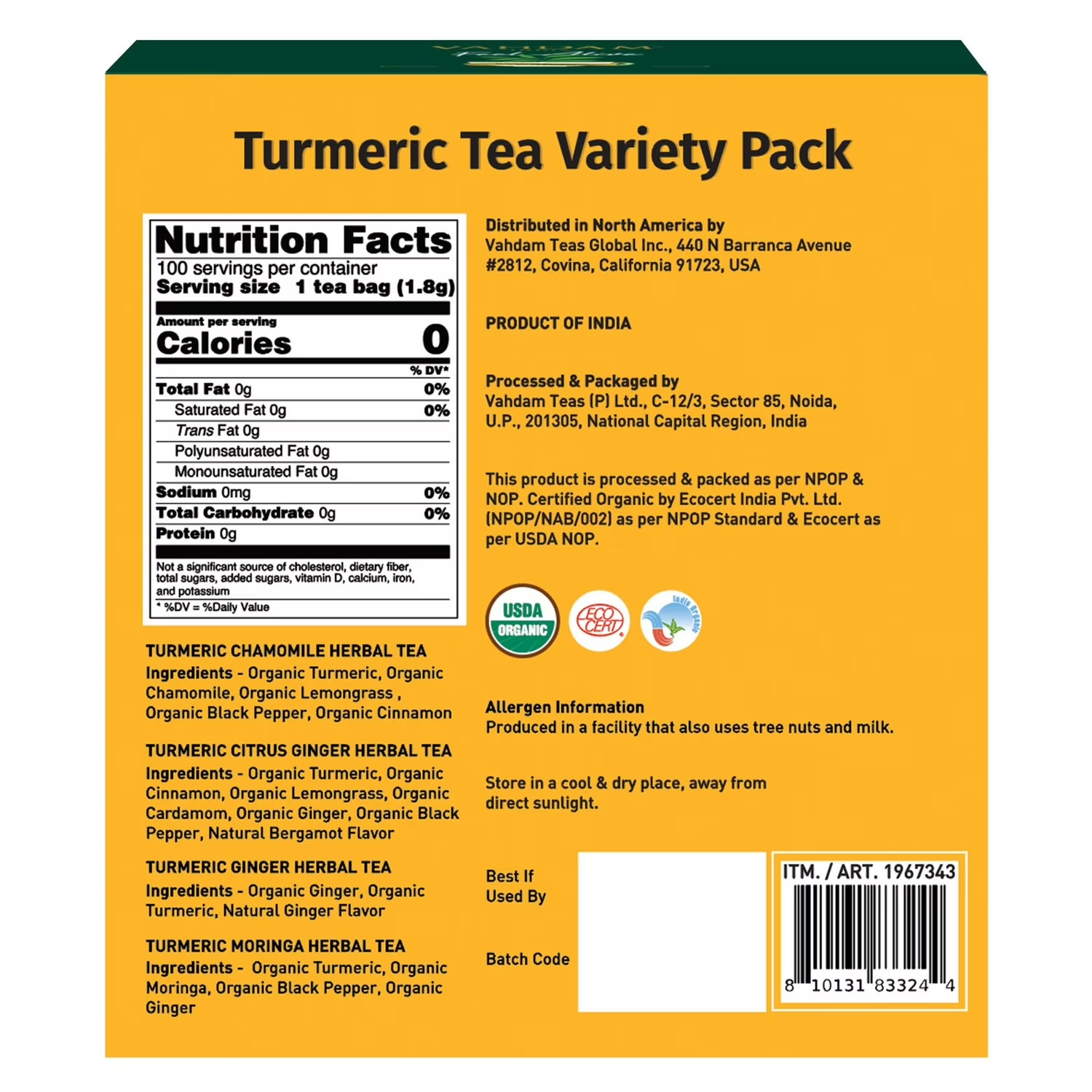 Vahdam India Infusions Organic Turmeric Tea Variety Pack, 100 Count (6.35 Ounce) gallery