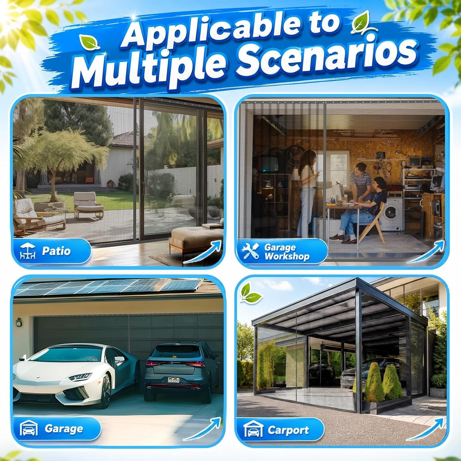 9 X 7 Ft Sliding Garage Door Screen Retractable 2 Car with Track Closure Magneti gallery