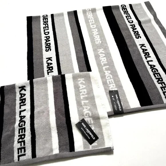 Karl Lagerfeld 2pc Cotton Bath & Hand Towel Set Gray Black White NWT gallery