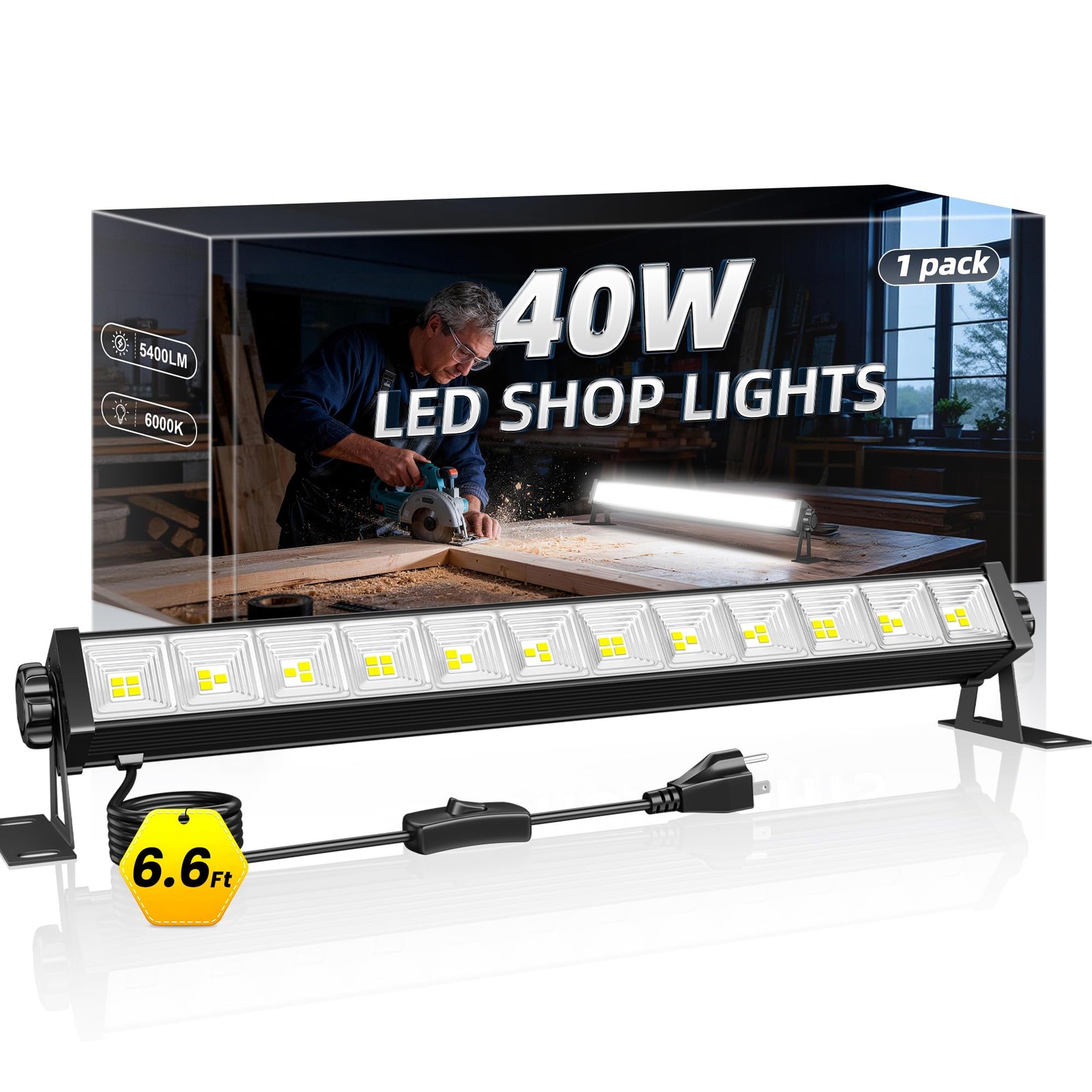 1 Pack LED Shop Light, 40W 5400LM Plug in Garage Lights with 6.6FT Long Power Co gallery