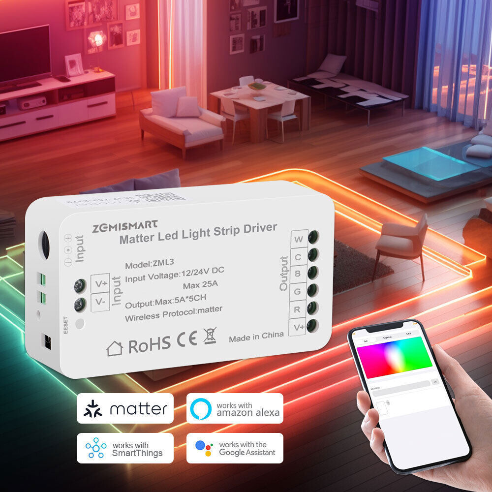 Matter WiFi RGB+CCT Led Strip Controller DC 12V 24V fr Homekit Siri Alexa Google gallery